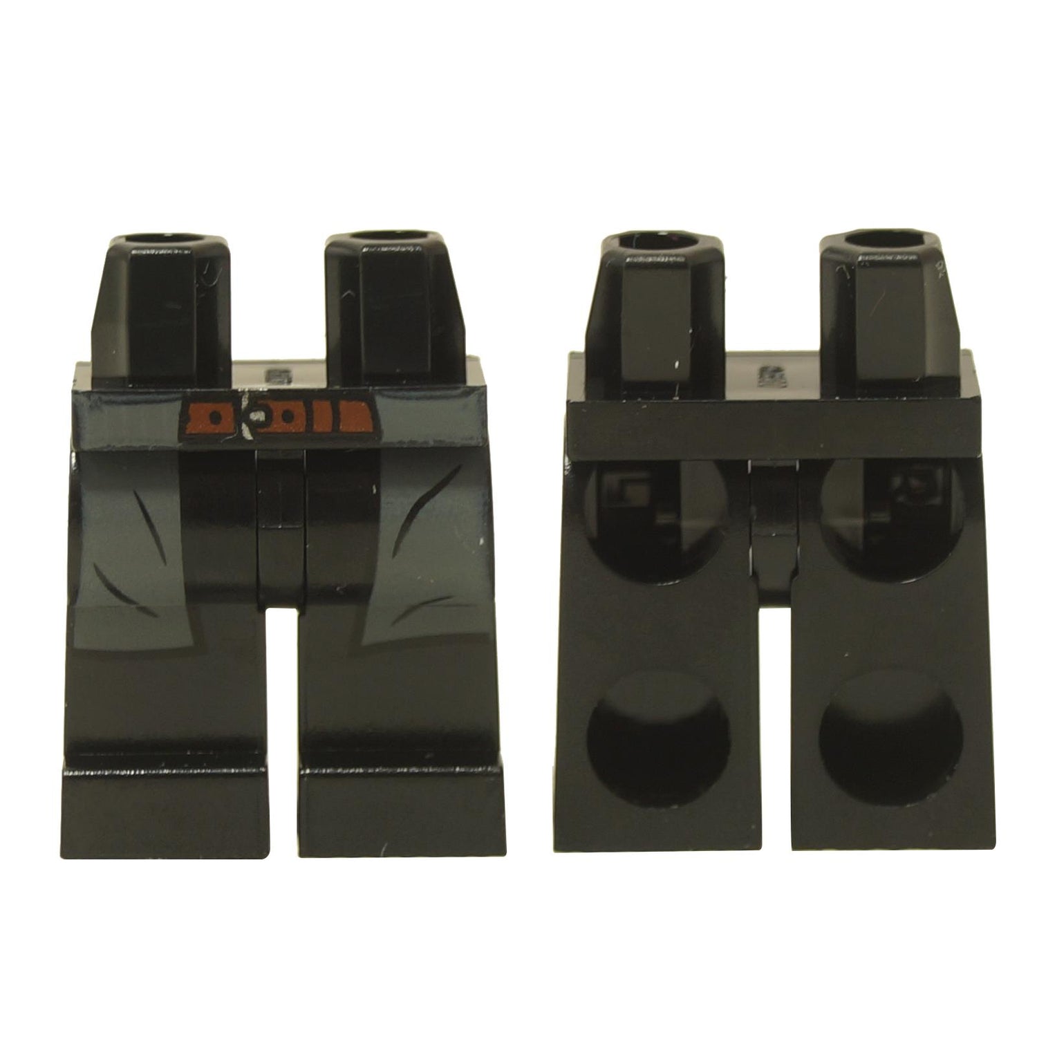 Zwart Minifiguur benen met grijze achterkant en een roodbruine riemprint, voor- en achteraanzicht
