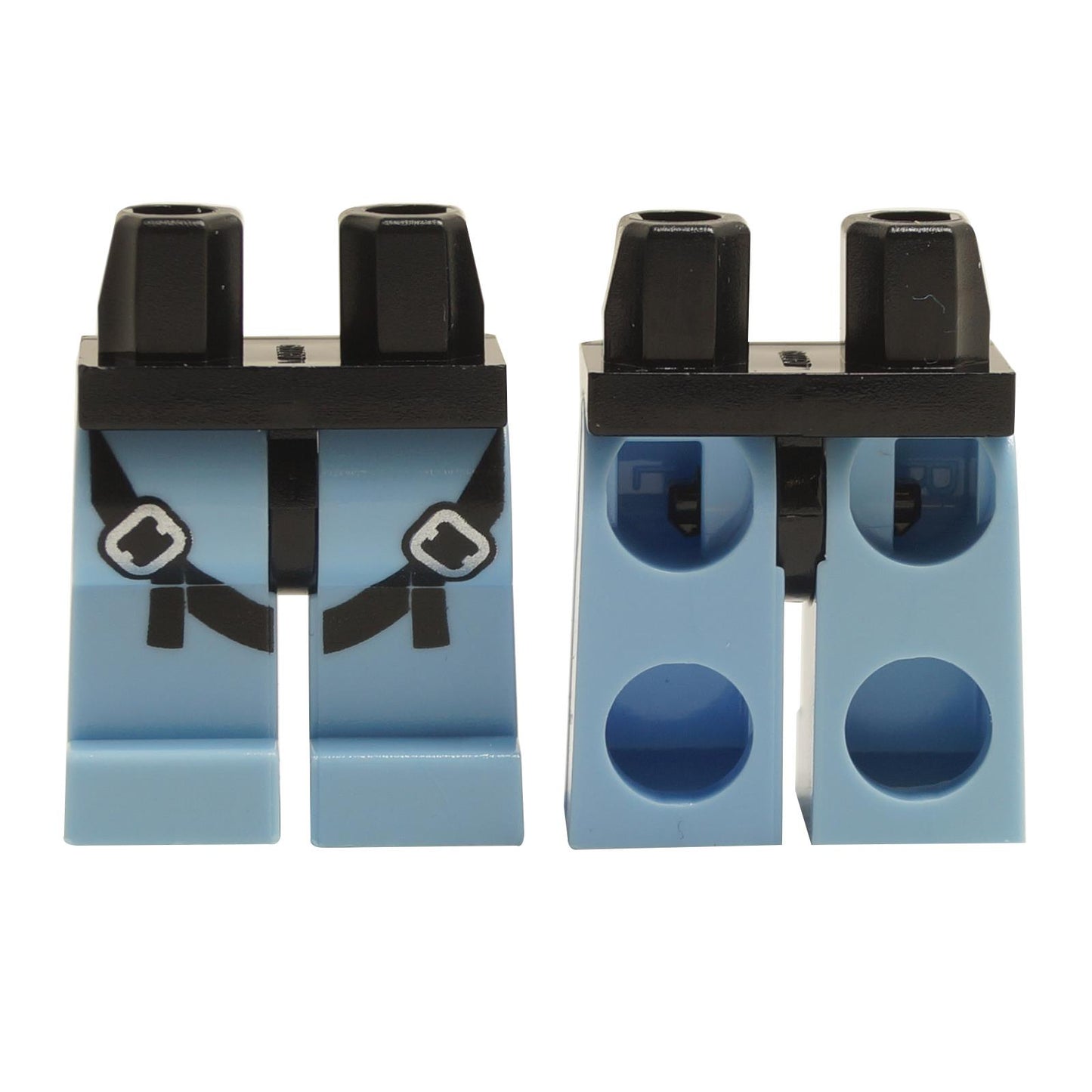 LEGO minifigure parts with bright light blue legs and black safety belt patterns.