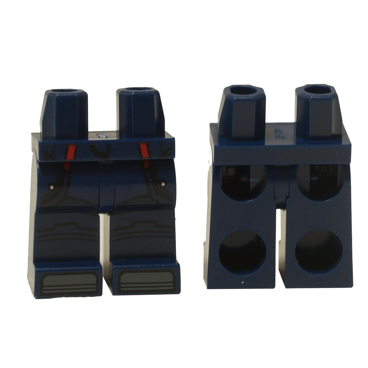 Dark blue minifigure legs with red trim, black lines, knee straps and dark bluish gray toes print, front and back view
