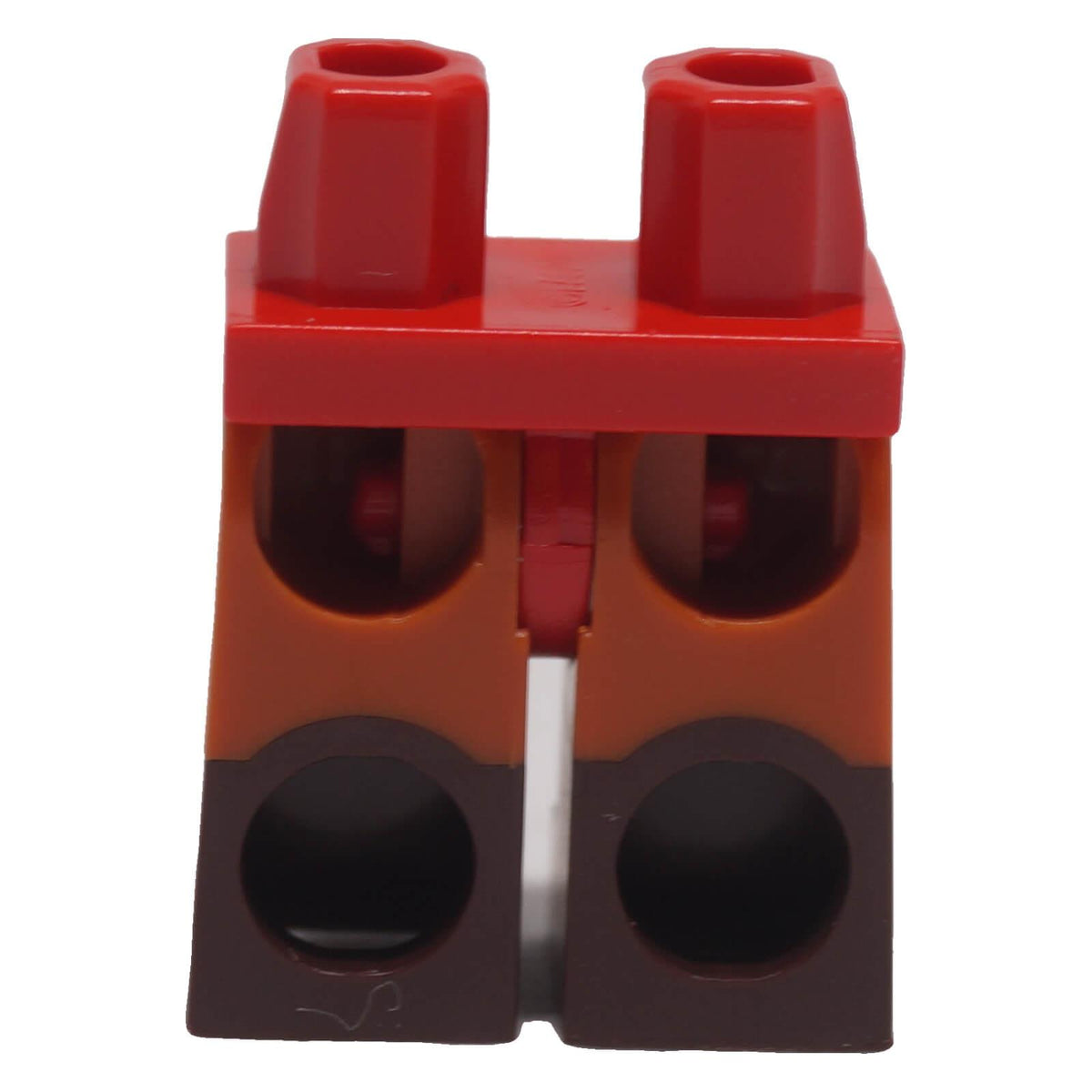 Back view of LEGO minifigure legs with dark orange upper legs and moulded dark brown lower legs