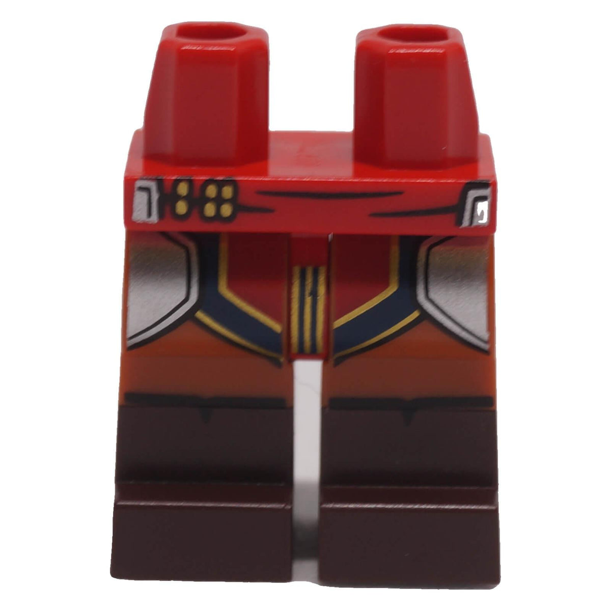 Front view of LEGO minifigure legs with silver armour, gold-trimmed loincloth print and dark brown boots
