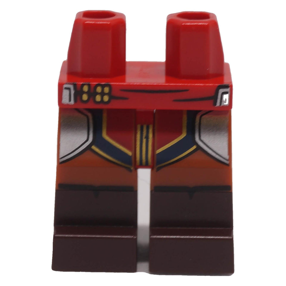 Front view of LEGO minifigure legs with silver armour, gold-trimmed loincloth print and dark brown boots