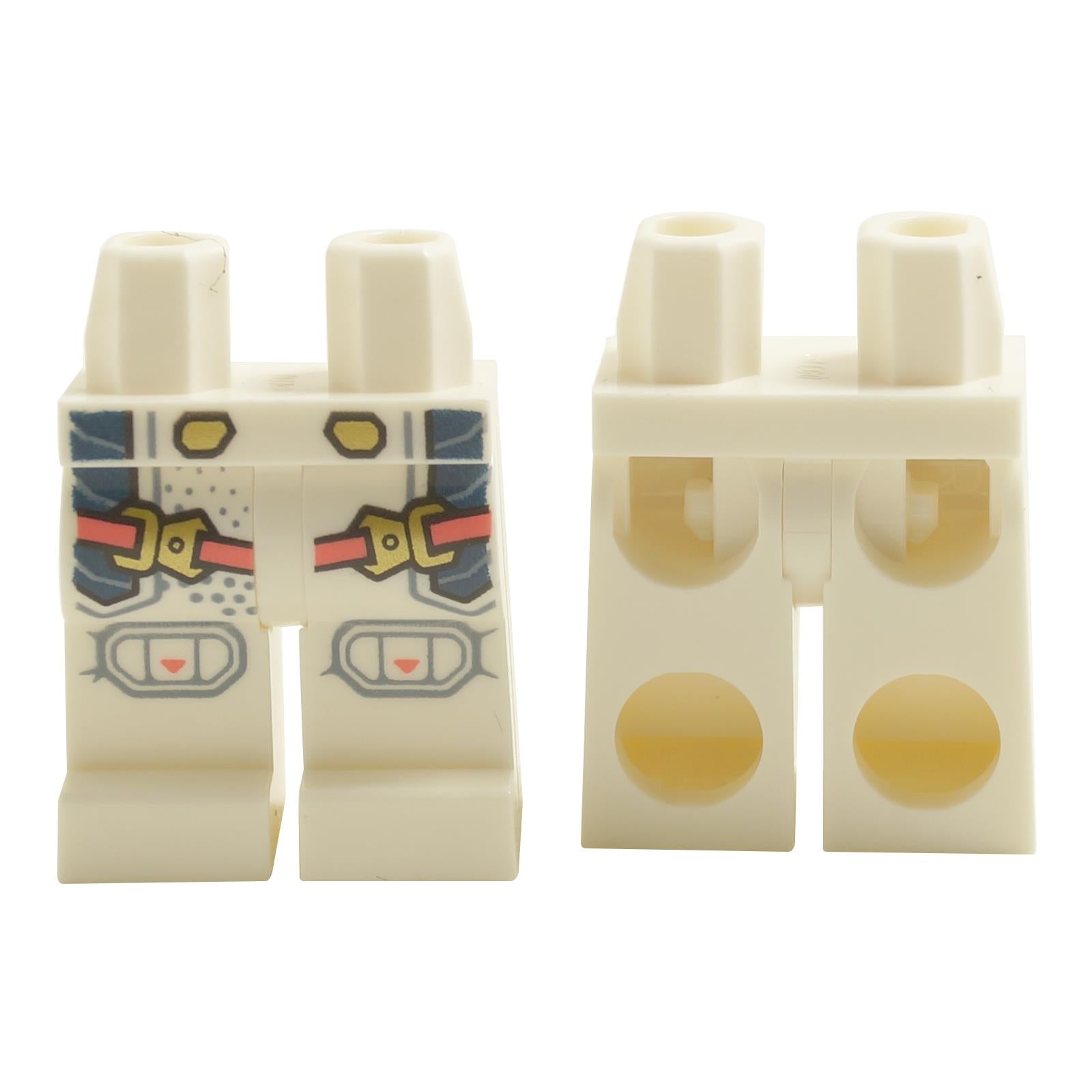 White minifigure hips and legs with printed straps and gold buckle detailing