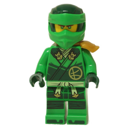 LEGO® Ninjago® Lloyd minifigure from Dragons Rising, showing his two facial expressions (human and masked) and green ninja outfit with his cowl accessory.