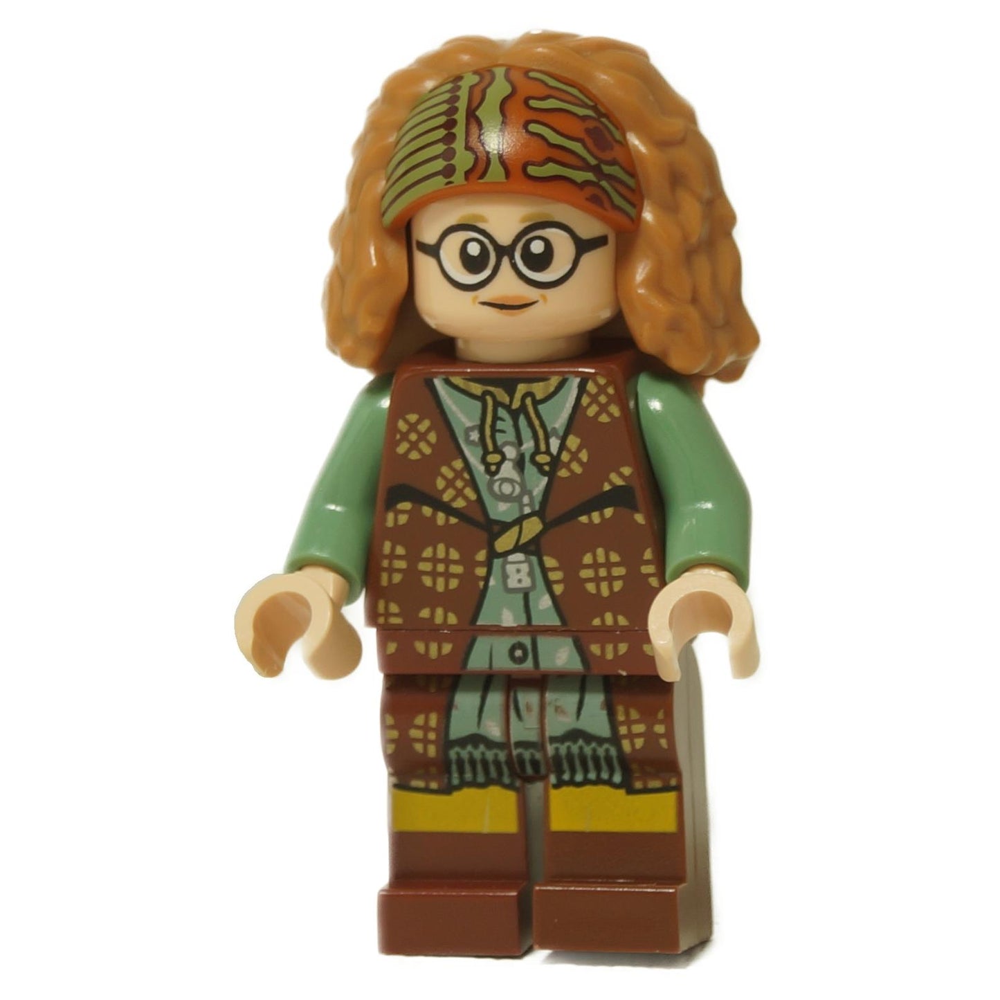 LEGO® Professor Sybill Trelawney Minifigure from Harry Potter™, showing her two facial expressions: one neutral and one in a trance.
