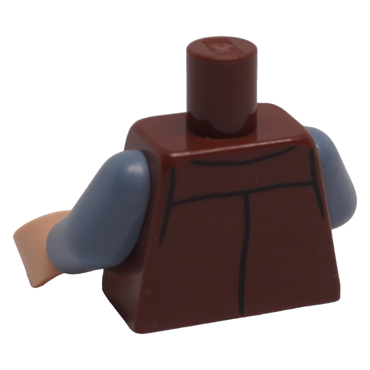 Back of LEGO minifigure reddish brown vest torso with black seam lines and sand blue arms
