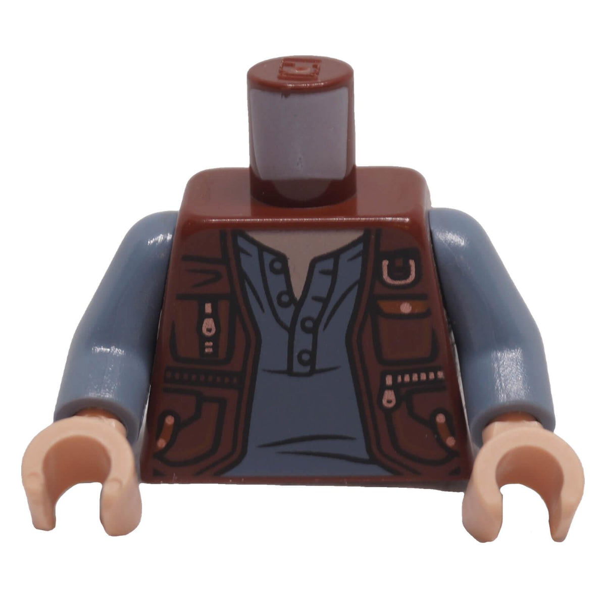 Front of LEGO minifigure reddish brown vest torso with pockets, zippers and sand blue shirt