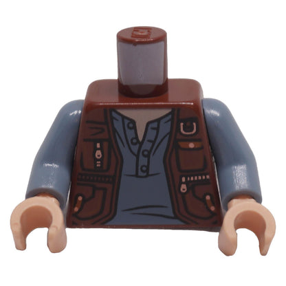 Front of LEGO minifigure reddish brown vest torso with pockets, zippers and sand blue shirt