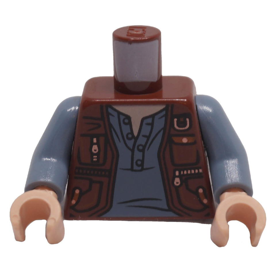 Front of LEGO minifigure reddish brown vest torso with pockets, zippers and sand blue shirt