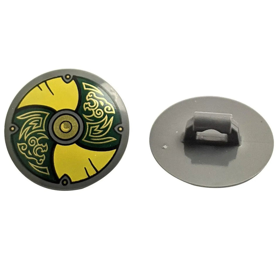 LEGO® round shield 75902pb29 with yellow and dark green panels and gold boss