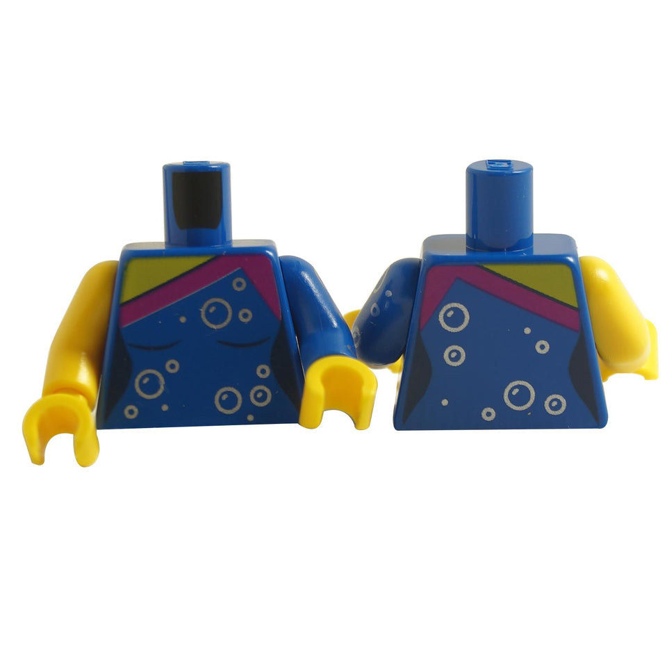 LEGO minifigure torso with blue body, silver bubble details, and pink/yellow accents, paired with bright yellow arms.