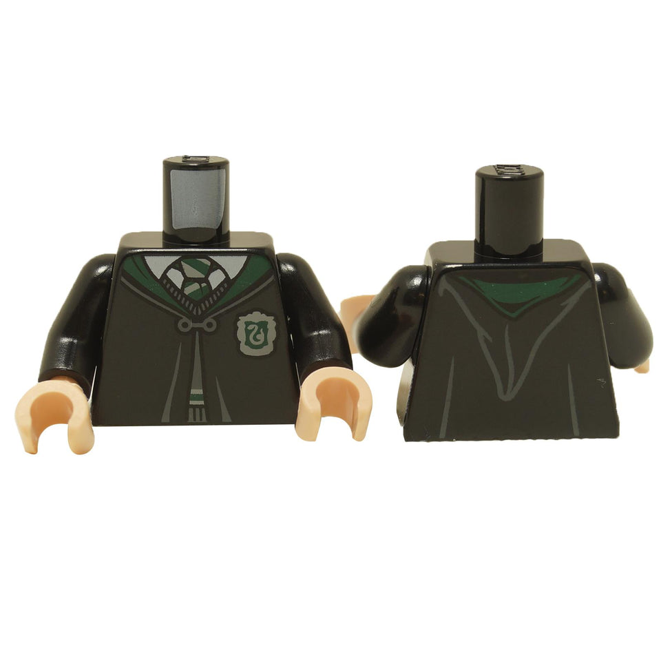 LEGO minifigure torso wearing a Hogwarts robe with the Slytherin house crest, featuring a green tie and black clothing.