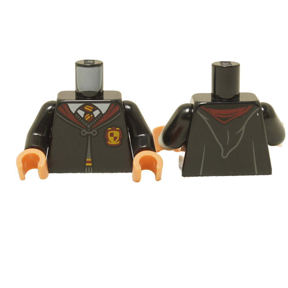 LEGO minifigure torso wearing a Hogwarts robe with Gryffindor crest pattern, featuring black color with maroon accents and a yellow and red tie.