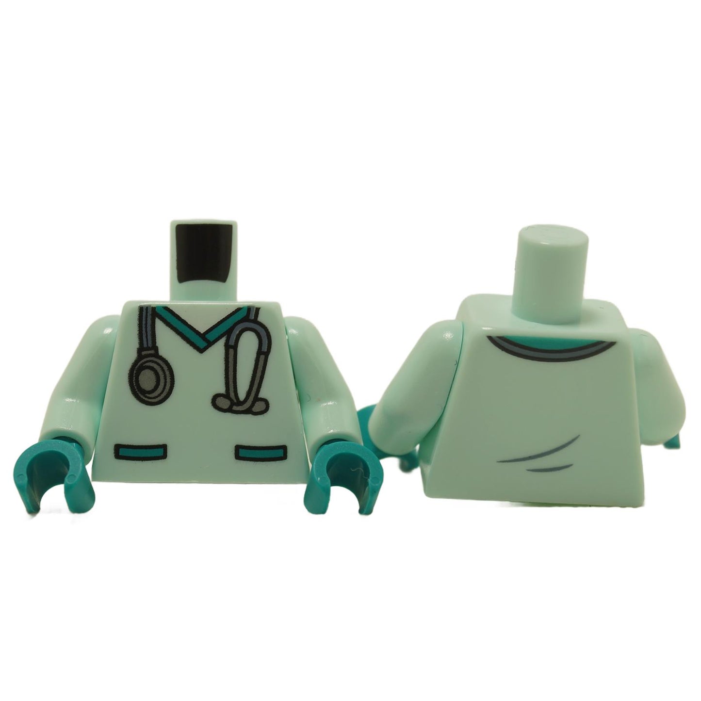 LEGO hospital scrubs torso in light aqua color with a stethoscope and pockets, designed for minifigures.