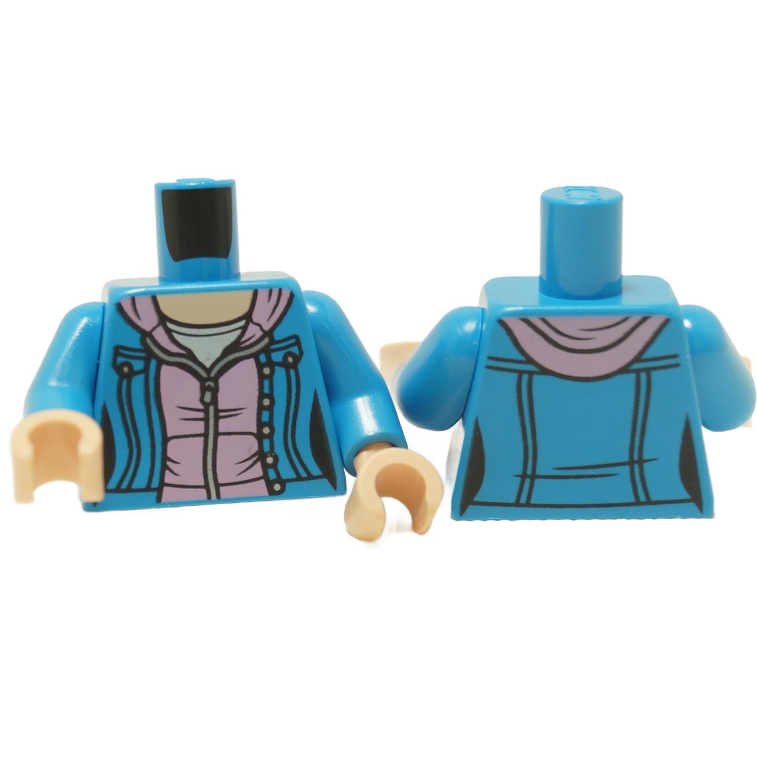 LEGO minifigure torso with a dark azure jacket over a bright pink hoodie and a white t-shirt, with light nougat neck pattern