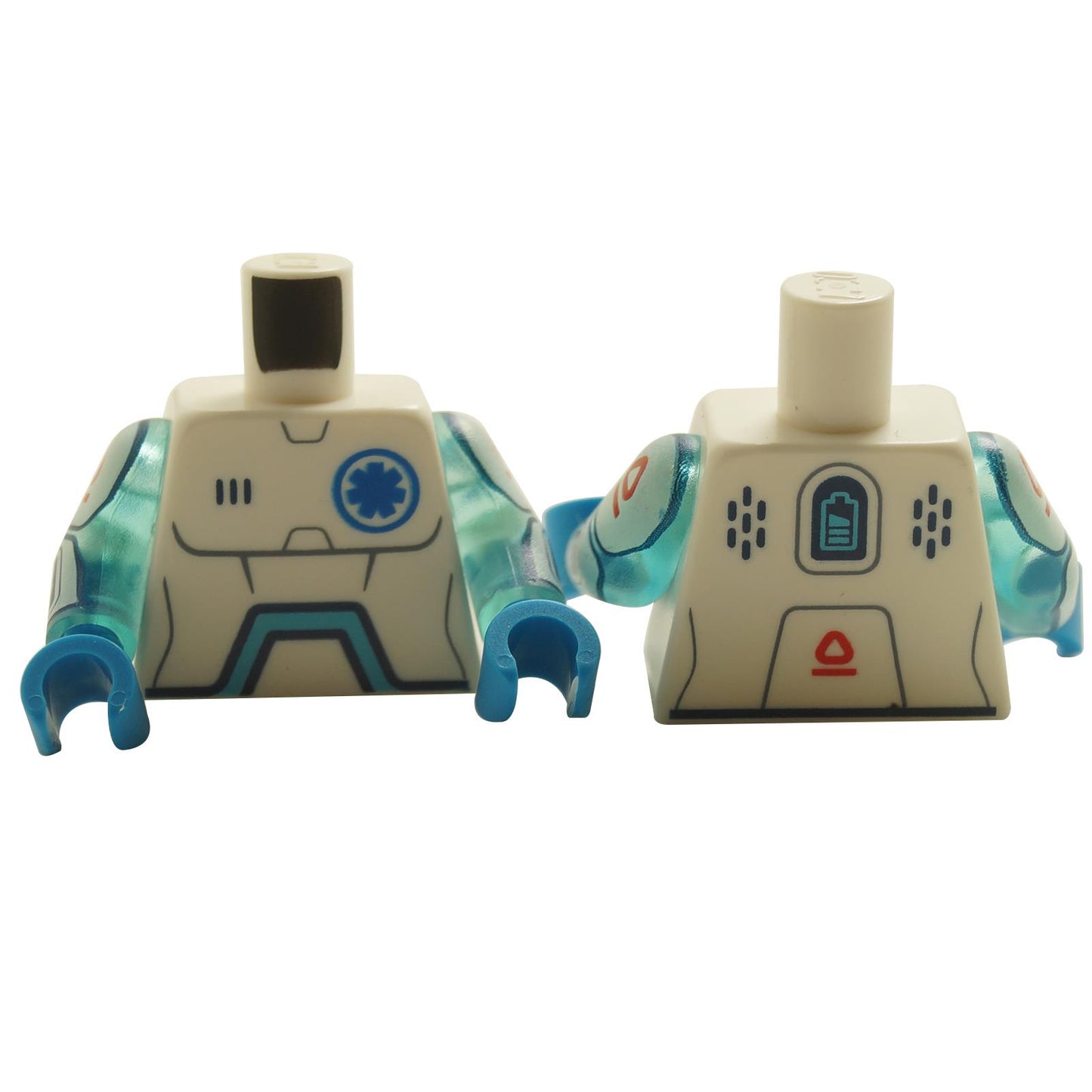 LEGO minifigure torso with a blue EMT Star of Life emblem, dark azure angled arc, and a battery level pattern.