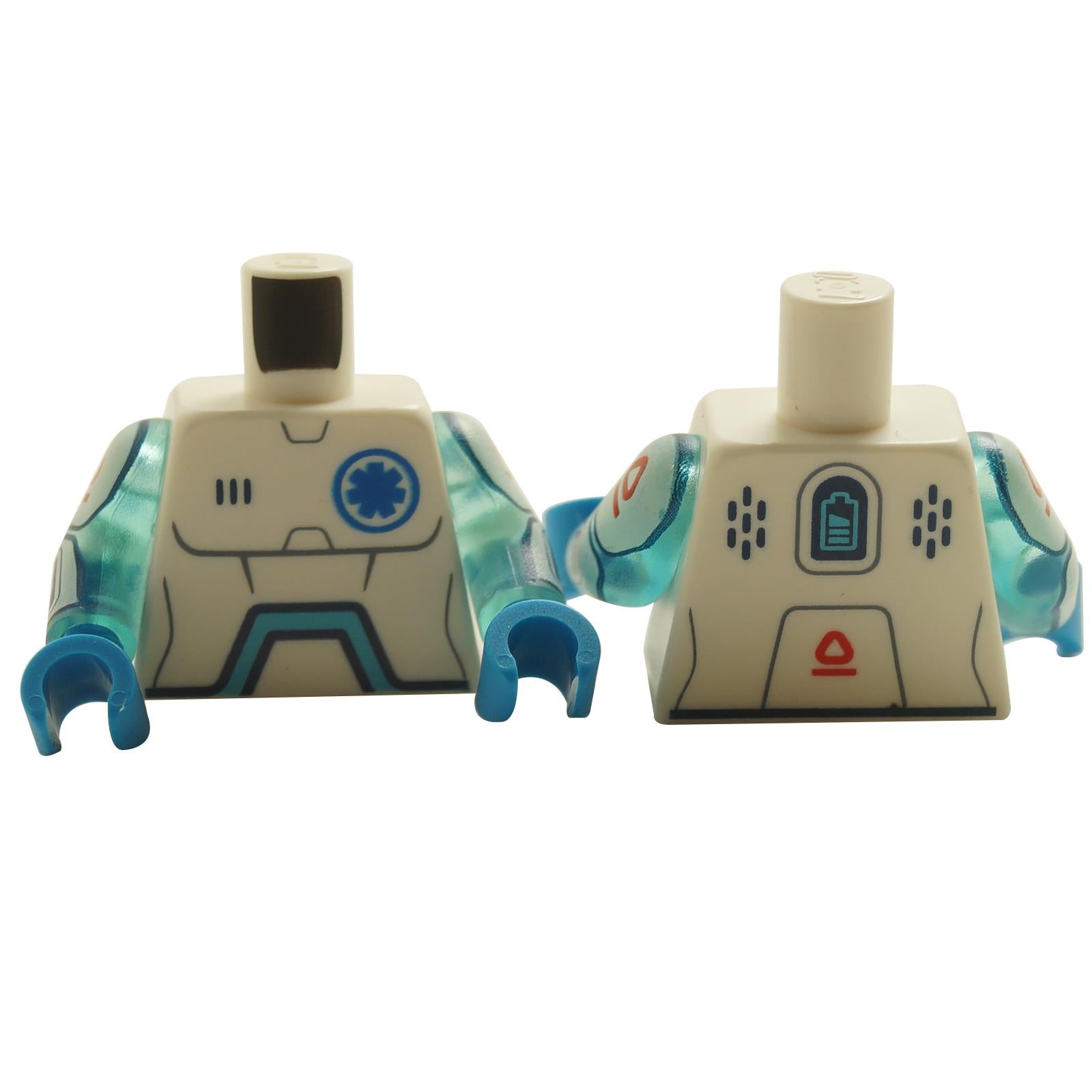 LEGO minifigure torso with a blue EMT Star of Life emblem, dark azure angled arc, and a battery level pattern.