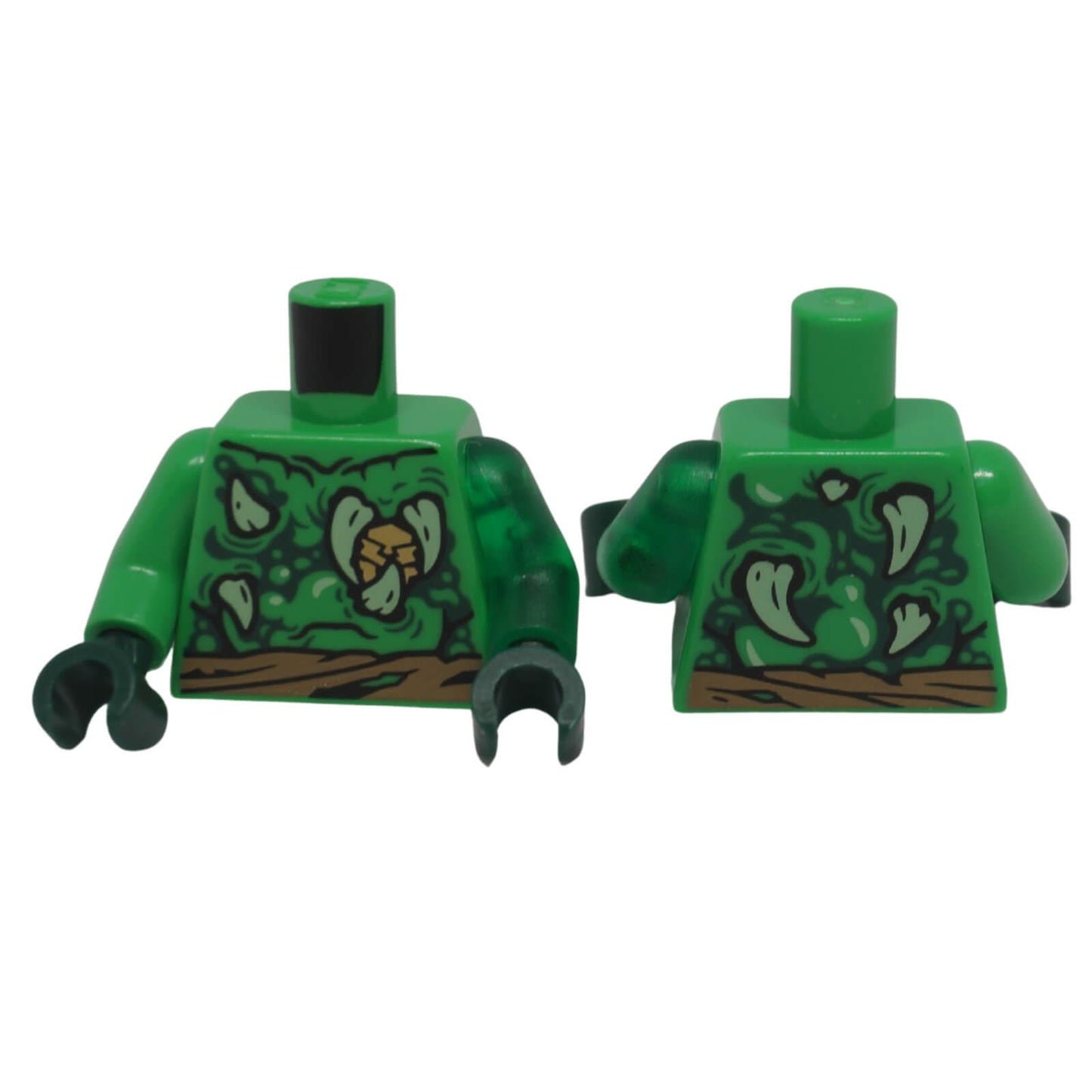 Front and back view of LEGO® minifigure torso 973pb6489c01 with creature skin printing and dark tan tattered belt.