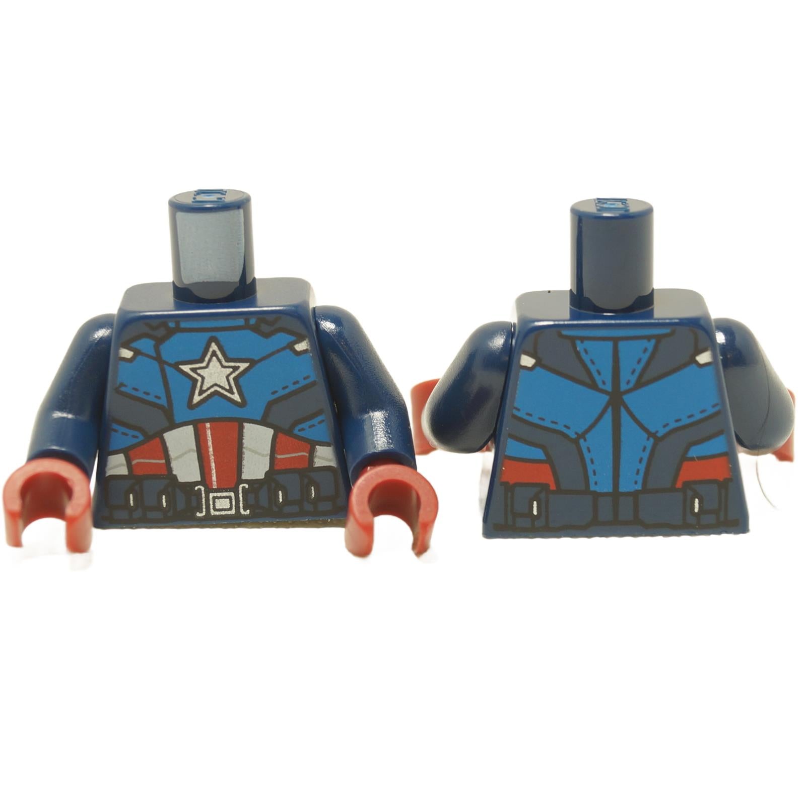 LEGO Captain America suit torso with a star and red stripes pattern. The piece features a navy blue torso with dark red hands and white star emblem on the chest.