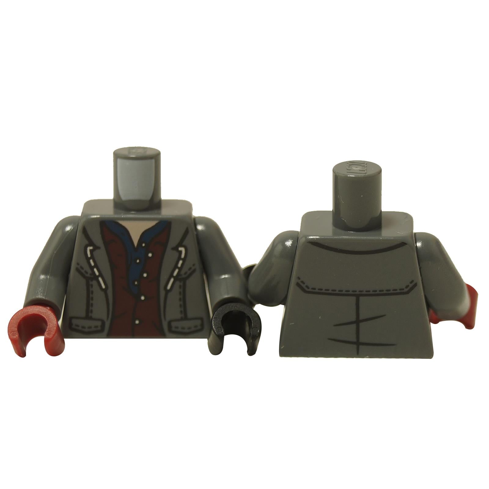 Minifigura torso con chaqueta gris sobre camisetas marrón rojizo y azul oscuro, impresión de cuello color nougat claro, vista frontal y posterior

