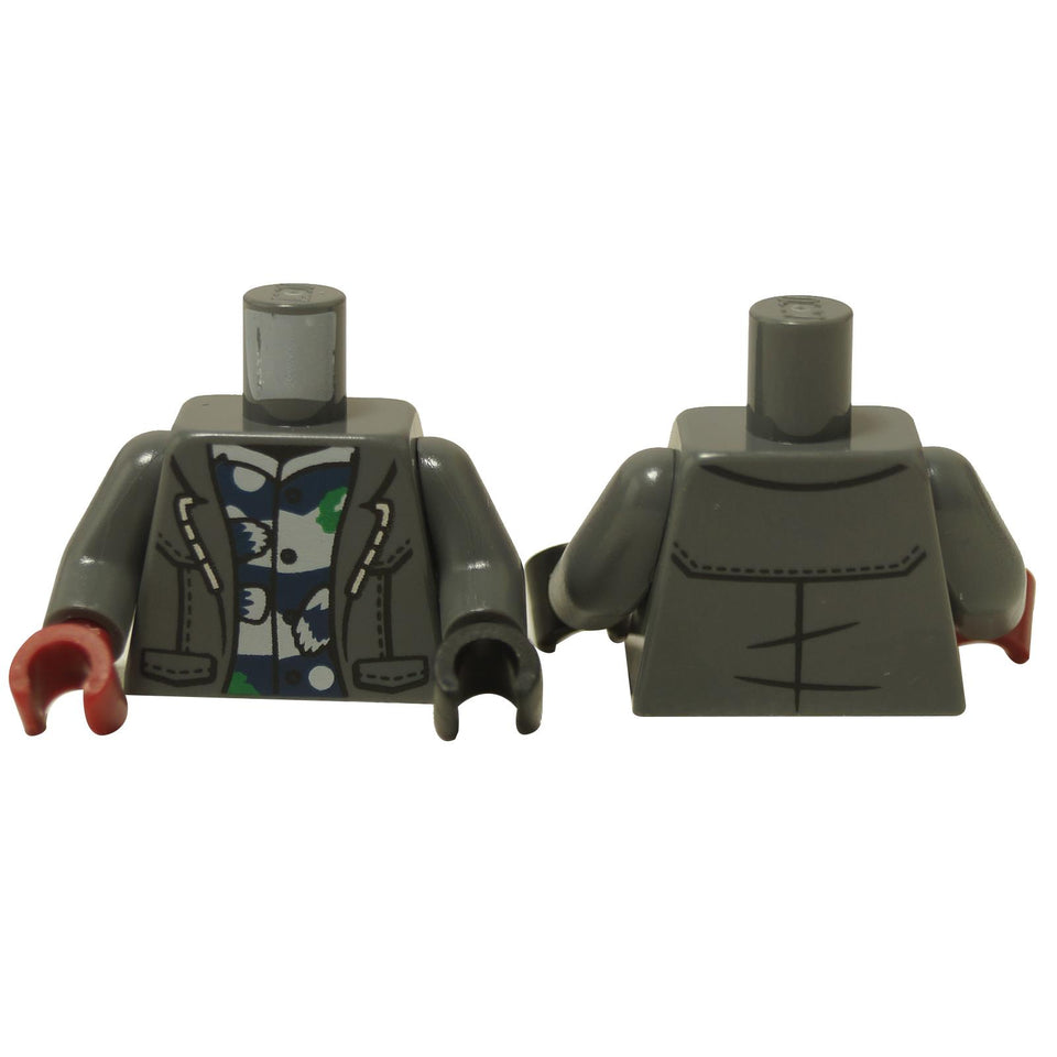 Minifigure torso with gray open jacket over dark blue and white shirt print, front and back view
