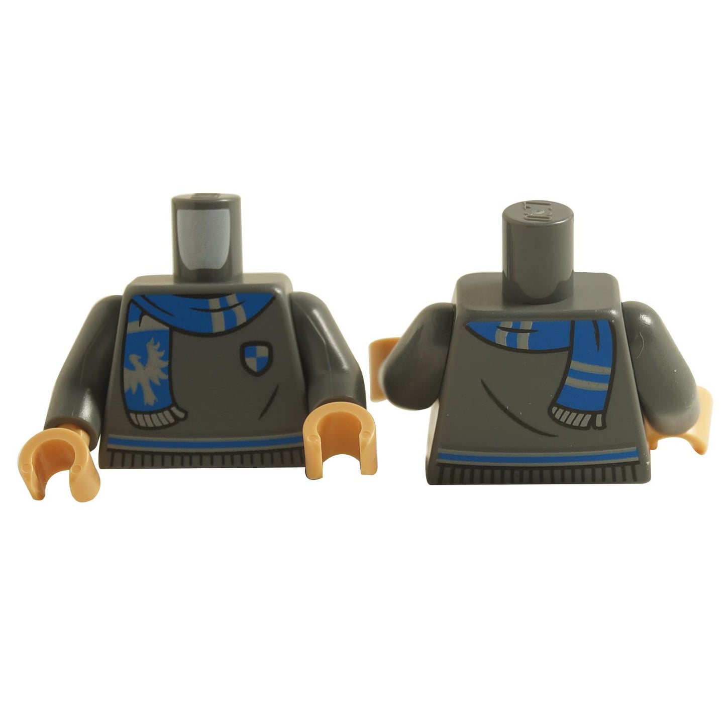 LEGO minifigure torso with a gray sweater and blue Ravenclaw scarf