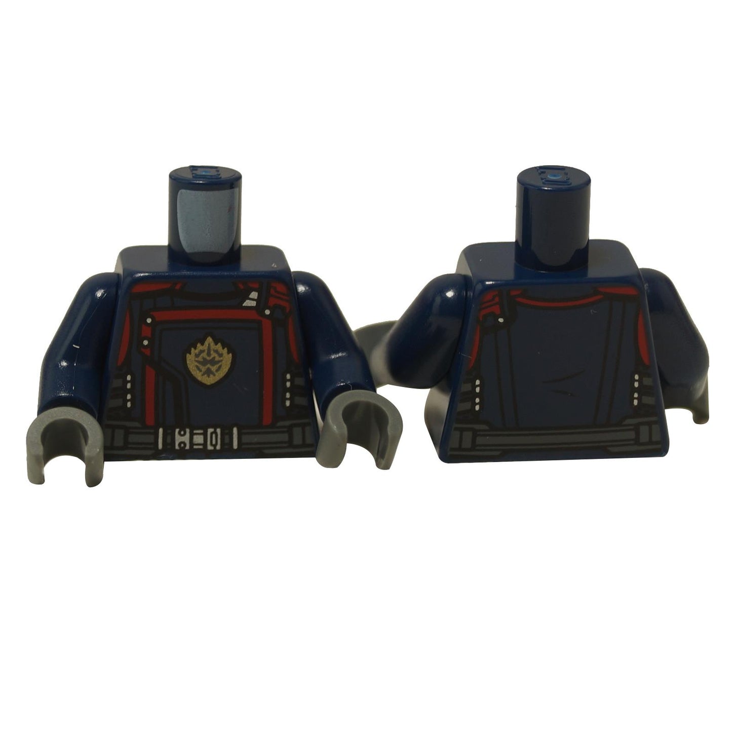 Minifigure torso with dark jacket, gold Ravager logo and red trim, dark bluish gray belt print, front and back view
