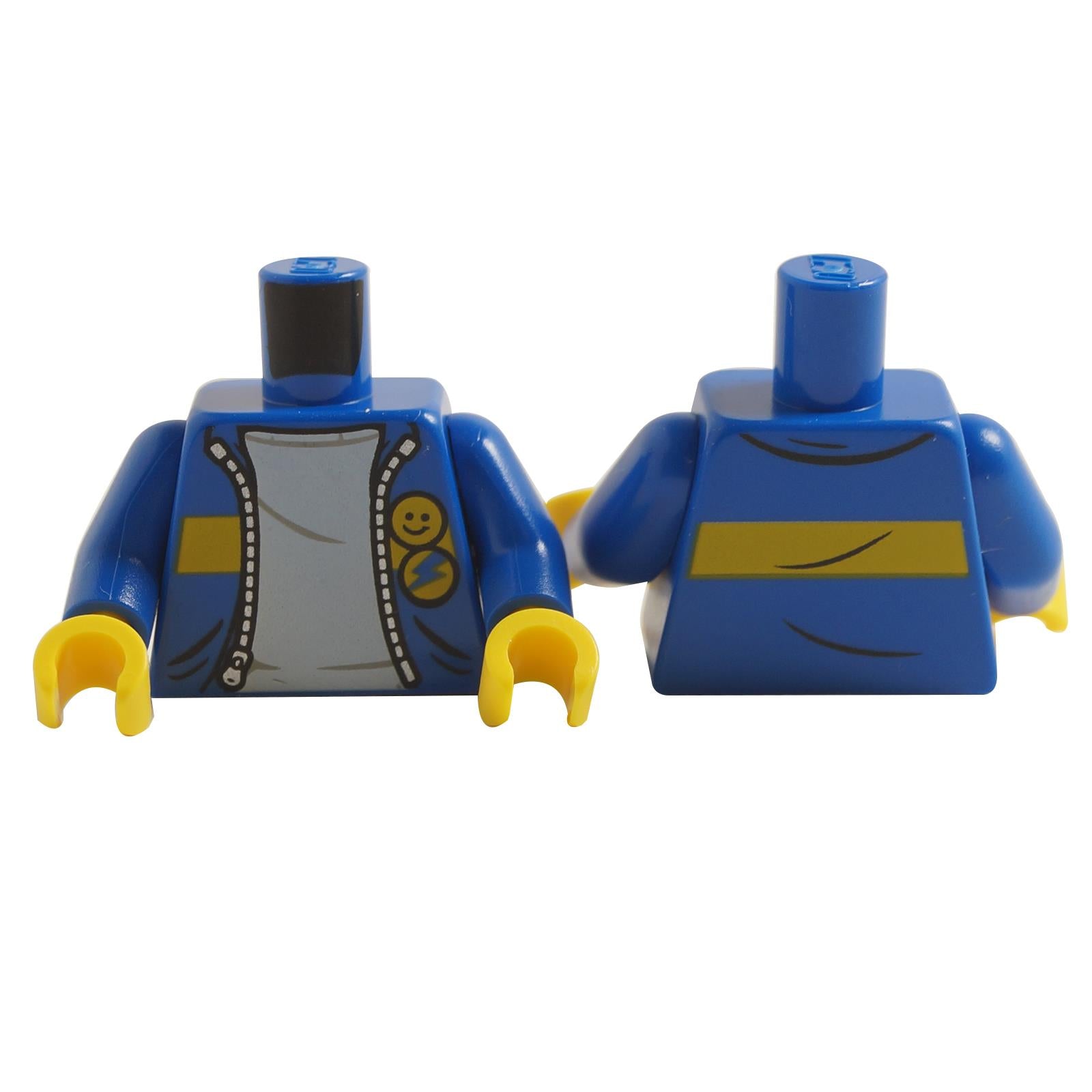 LEGO minifigure torso with a jacket featuring a smiley face emblem and lightning bolt buttons, in blue, gray, and yellow colors.