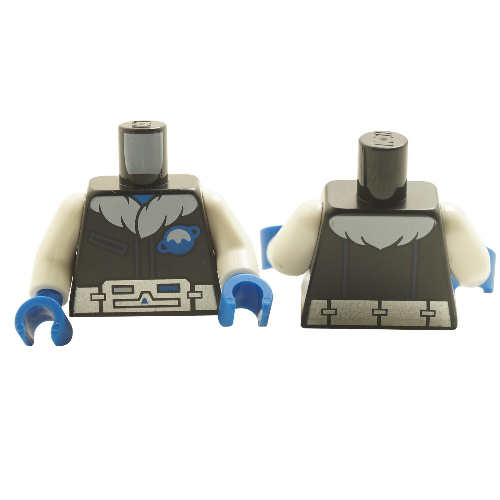 Minifigure torso jacket with white fur collar and blue Ice Planet logo print, detailed front design