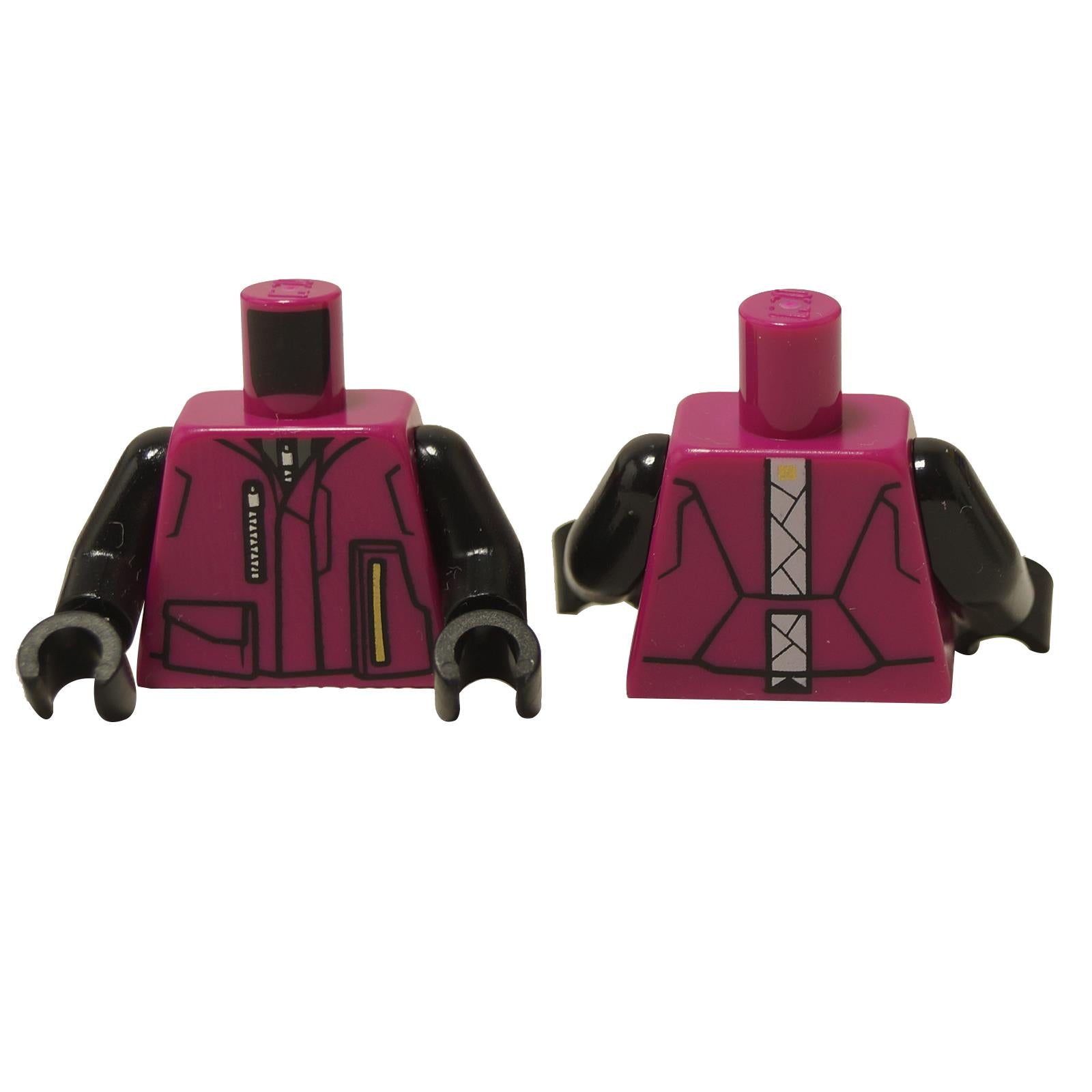 Magenta minifigure torso with jacket print, silver zipper, gold bar detail, black arms, front and back view
