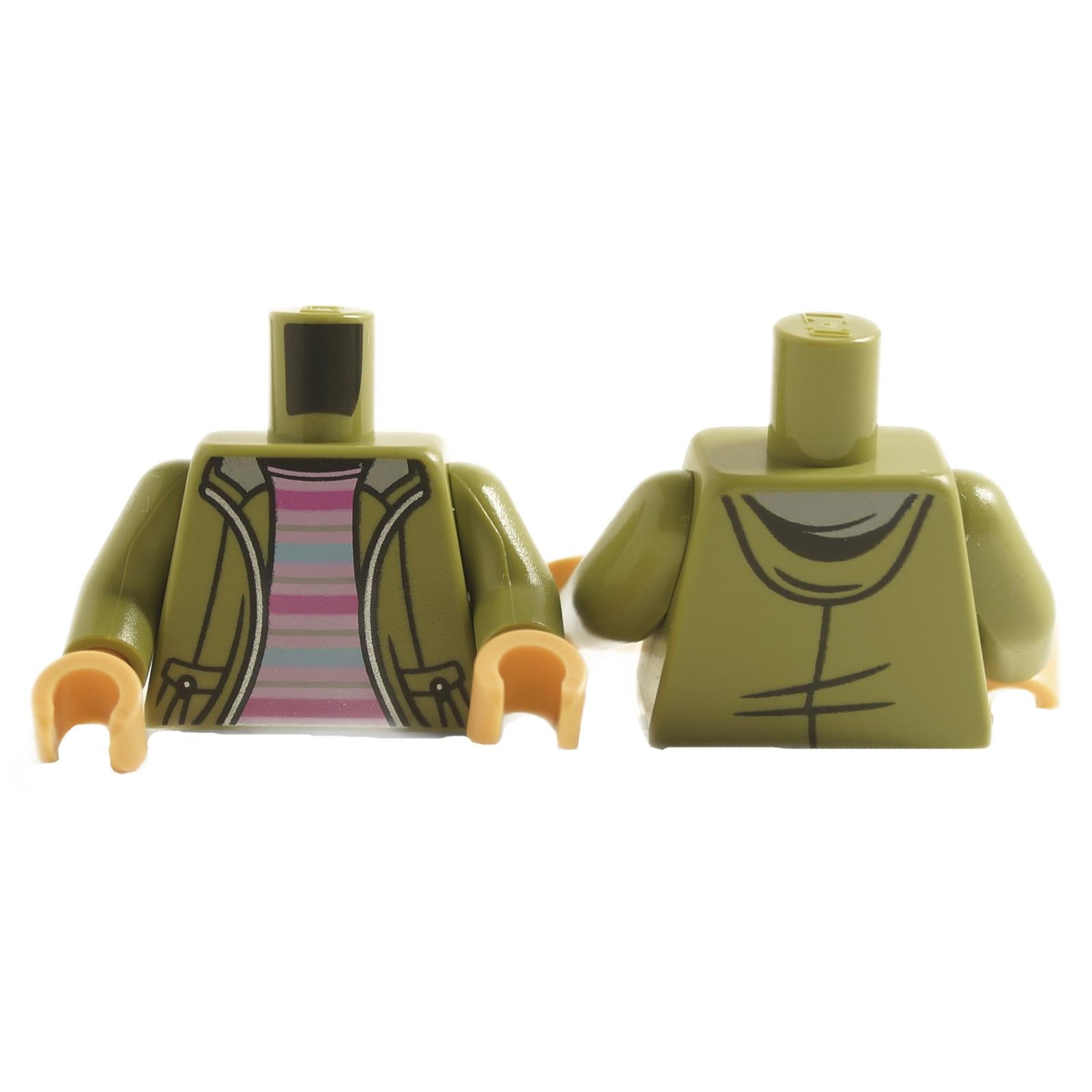 Minifigure torso with olive green open jacket and hooded sweatshirt print featuring layered streetwear detailing
