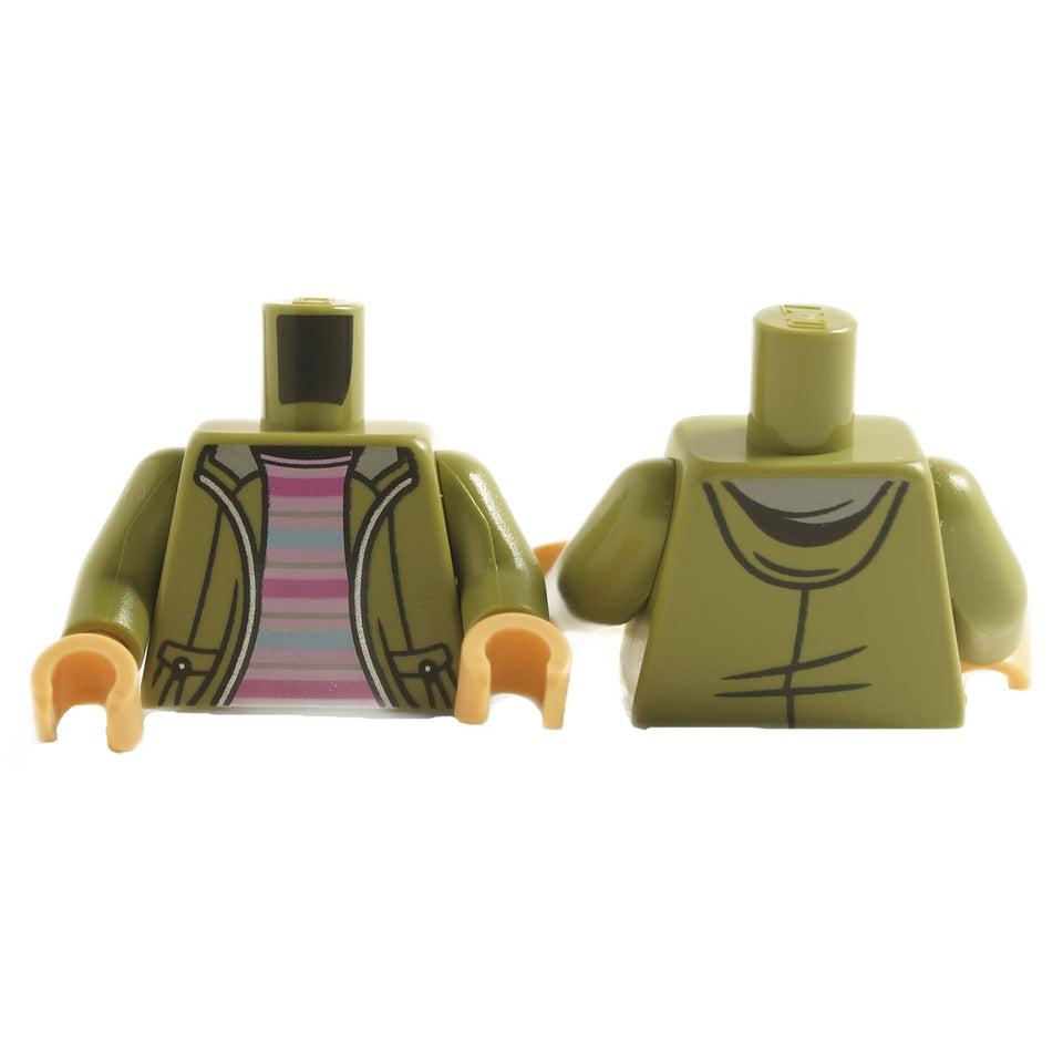 Minifigure torso with olive green open jacket and hooded sweatshirt print featuring layered streetwear detailing