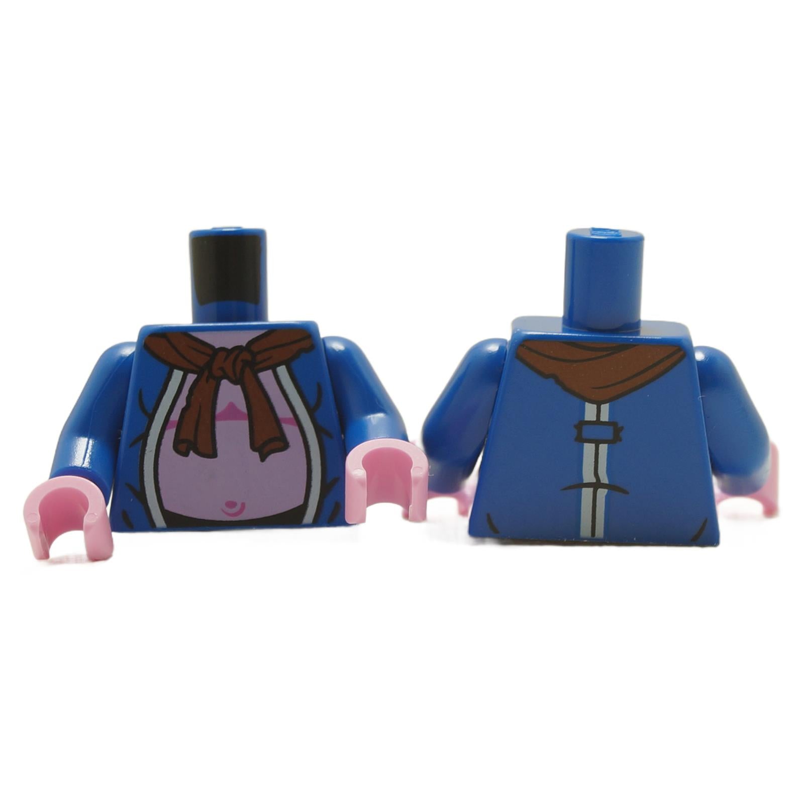 LEGO torso piece with a robe, scarf, and stomach pattern, in blue, brown, and pink colors.