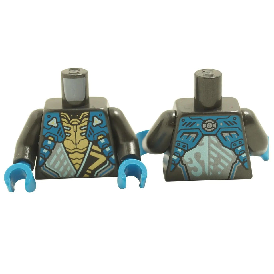 Pearl dark gray minifigure torso with blue water dragon logo print and matching armor-style detailing front and back