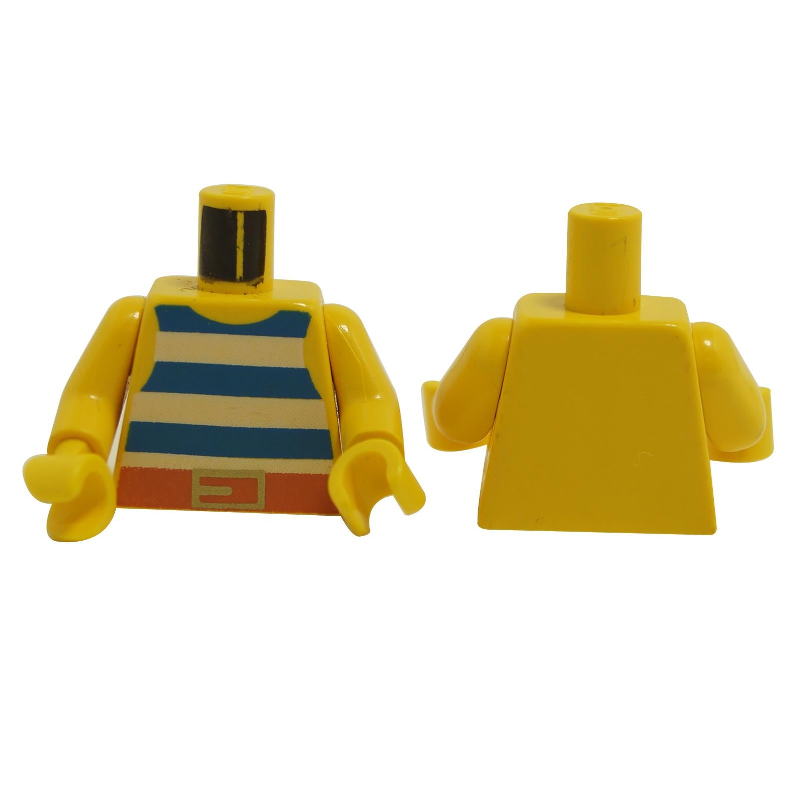 LEGO minifigure torso with blue and white striped tank top and dark orange belt
