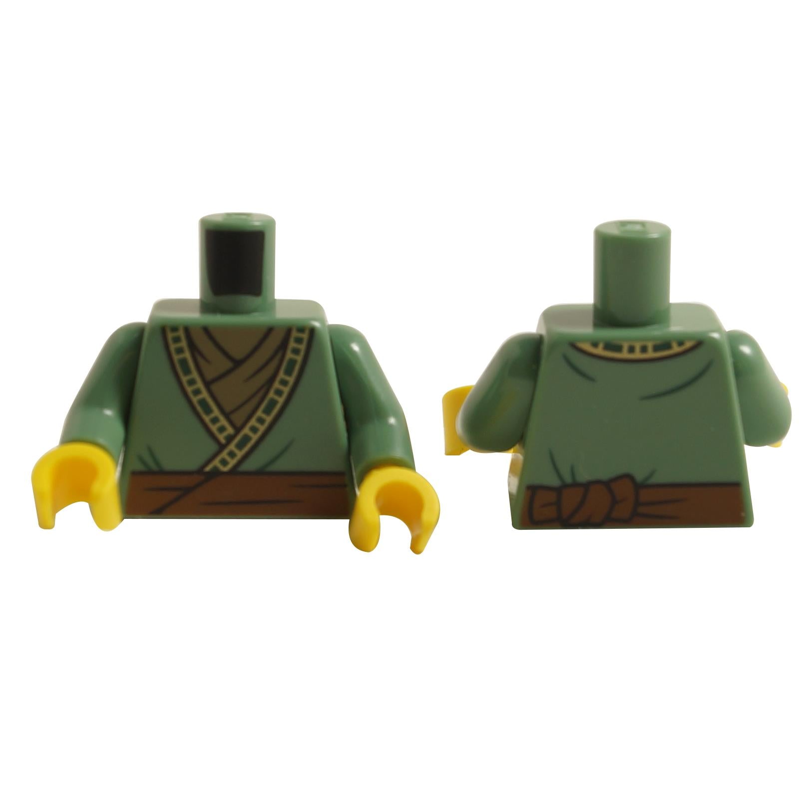 LEGO minifigure torso with a sand green robe and dark orange belt, and a solid green color, against a white background.