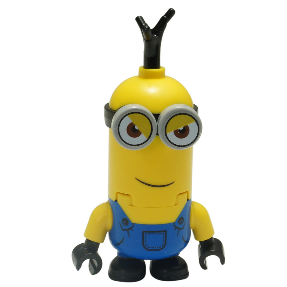 Minion Kevin minifigure with goggles, blue overalls and black gloves, standing front view on white background
