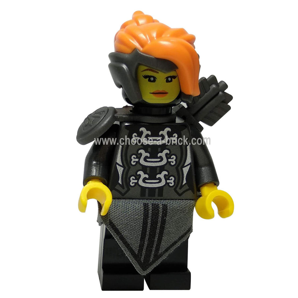 LEGO Misako minifigure as Lady Iron Dragon from The Ninjago Movie. She wears black armor, a helmet over her orange hair, and carries a quiver.