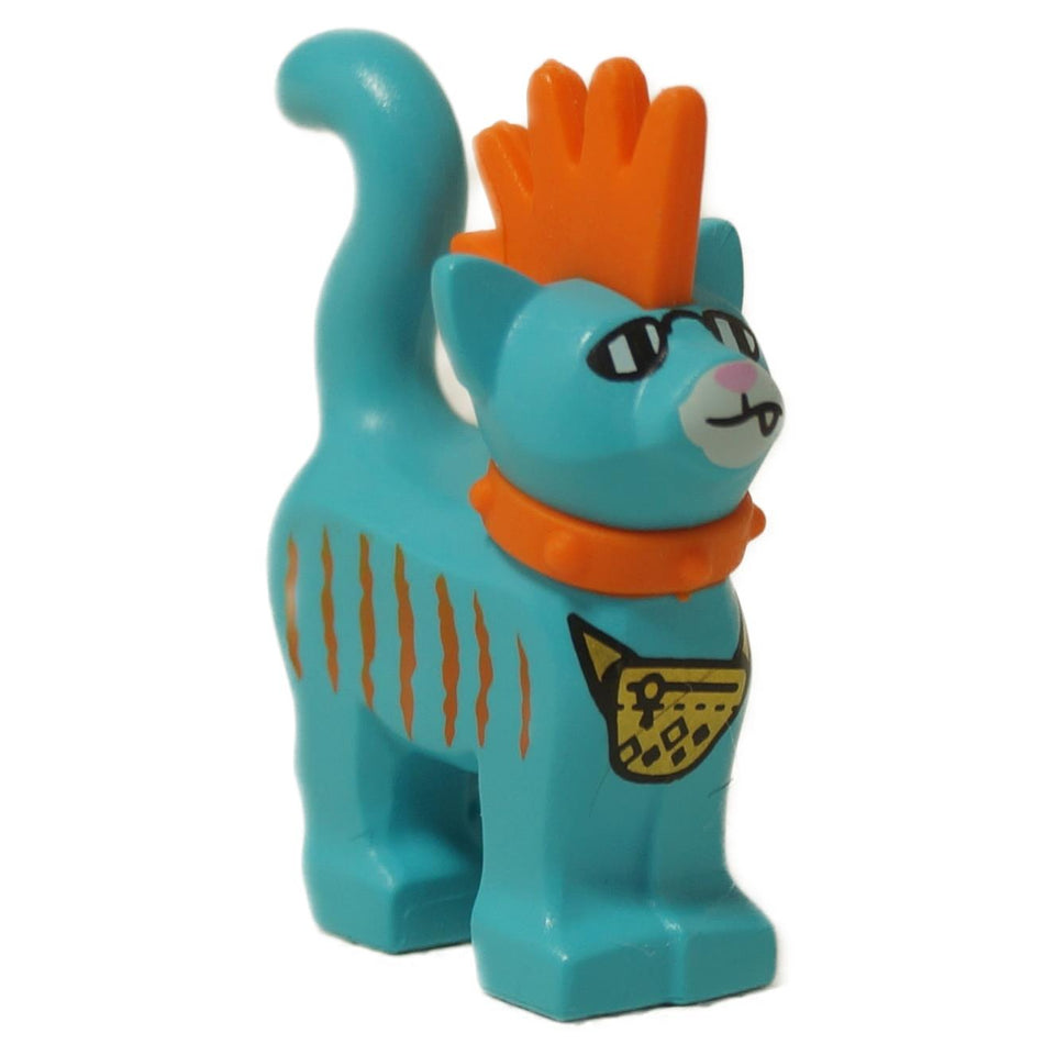 LEGO Monkie Kid Mo the Cat figure 39742pb03. Turquoise cat with an orange mohawk, collar, and sunglasses, with printed orange stripes and a gold pouch. Front profile view.