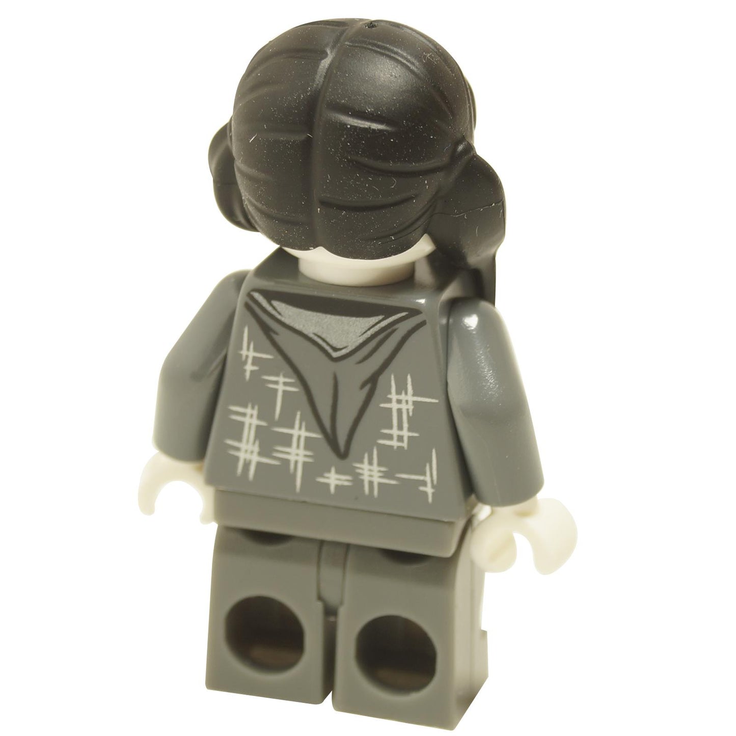 Back view of Moaning Myrtle minifigure wearing dark bluish gray robe with long dark hair