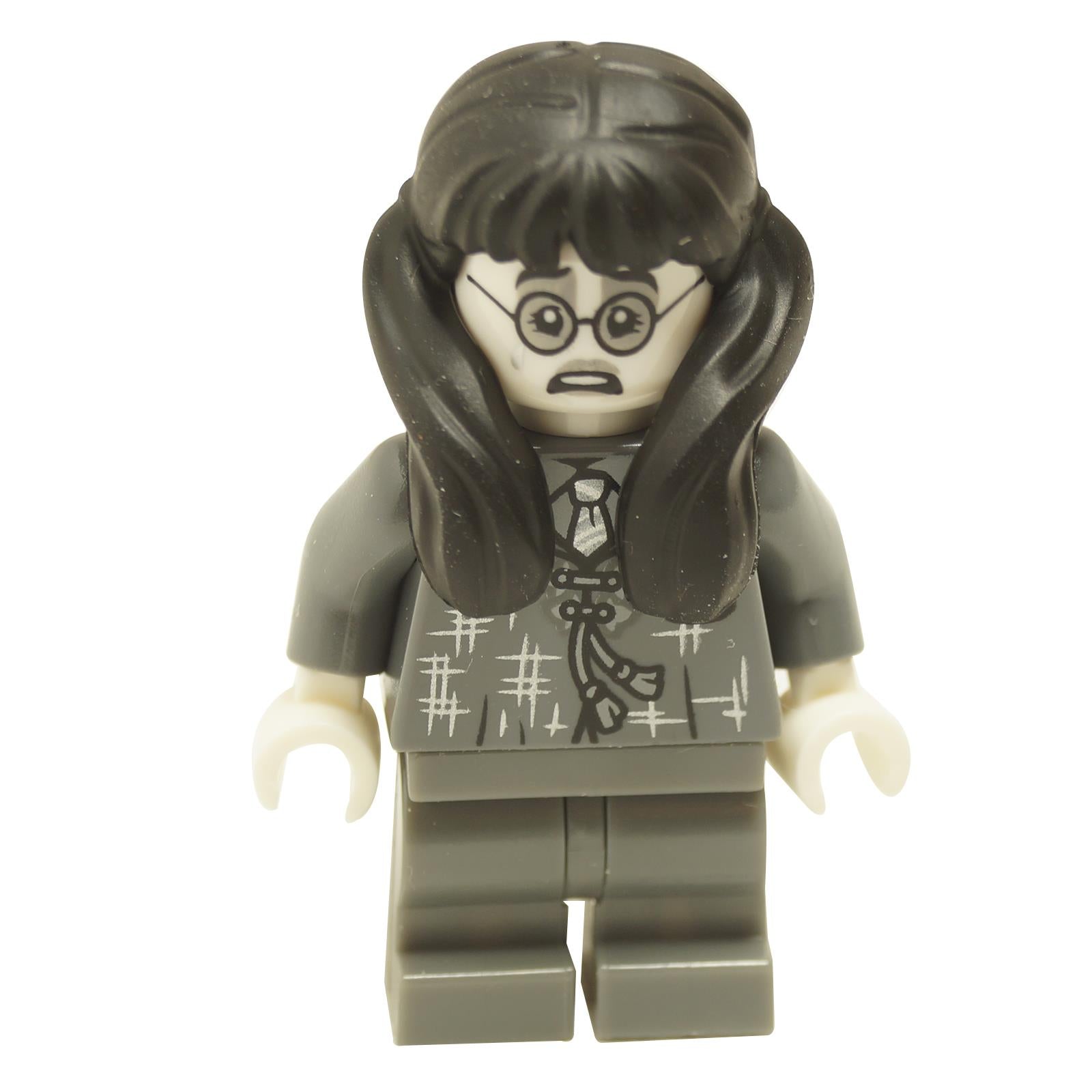 LEGO minifigure of Moaning Myrtle from the Harry Potter series, featuring dark bluish gray robes with ghostly details and a scared expression.