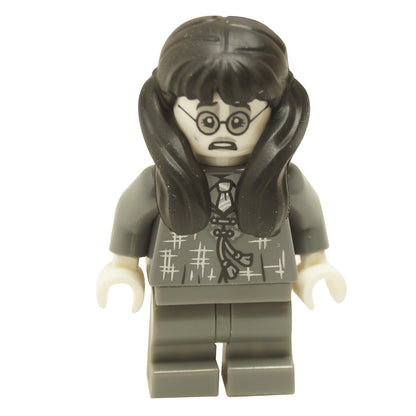 LEGO minifigure of Moaning Myrtle from the Harry Potter series, featuring dark bluish gray robes with ghostly details and a scared expression.
