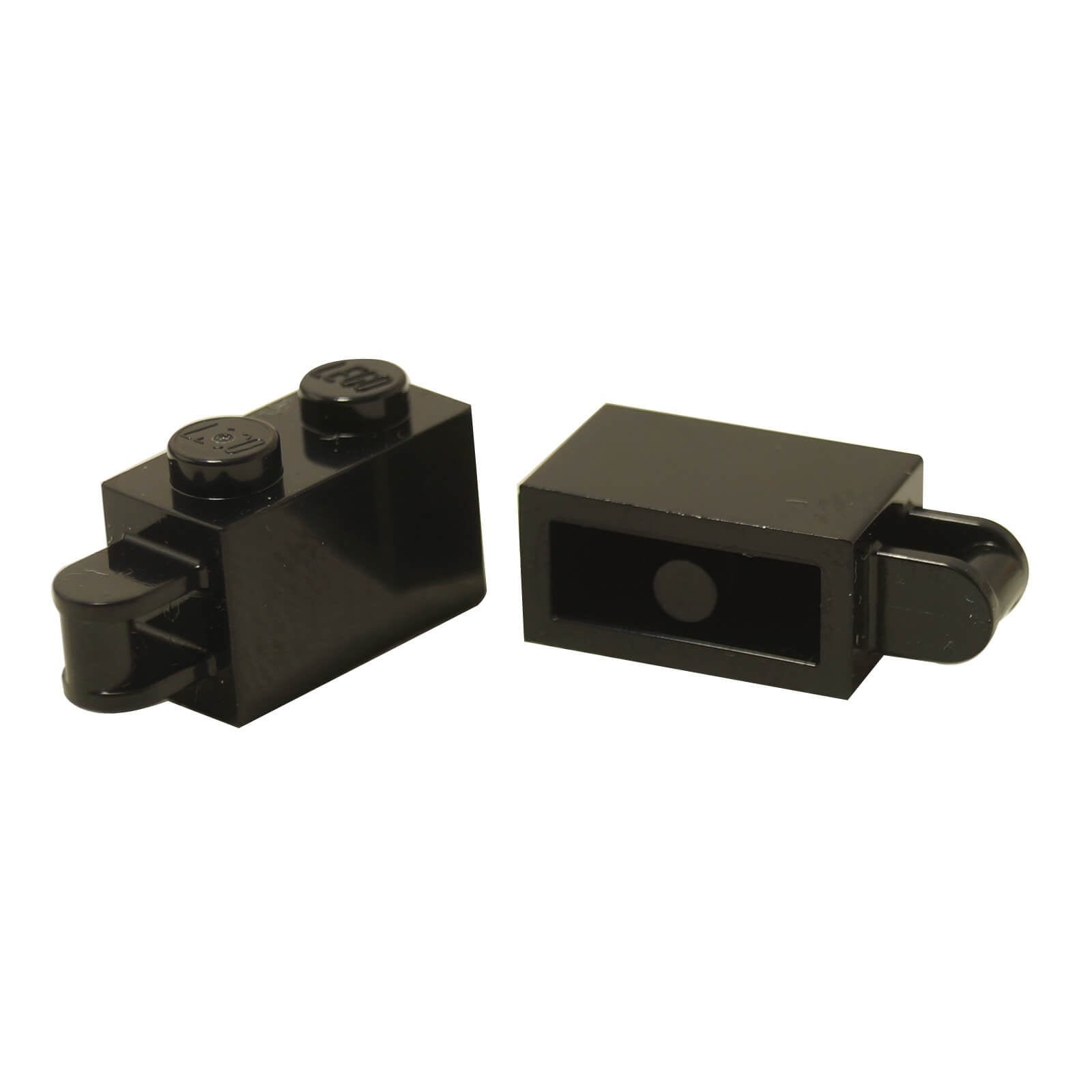 LEGO Part 34816, kostka 1x2 s koncovým madlem, černá, dva pohledy