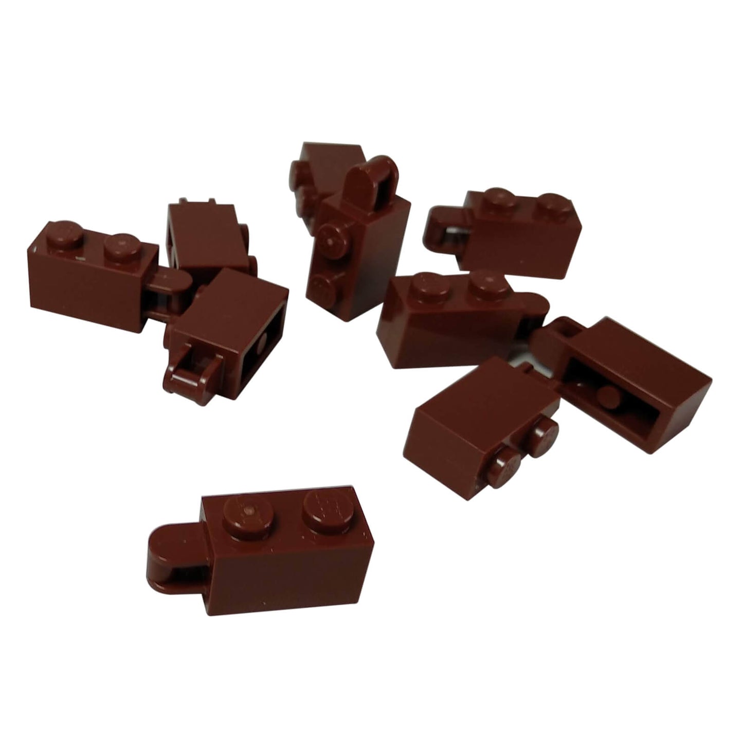 LEGO 1x2 Brick with End Handle, červenohnědá, díl 34816, skupinový pohled