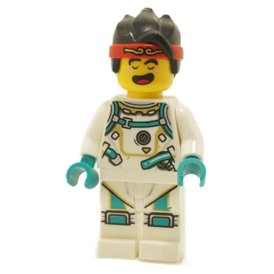 LEGO® Monkie Kid minifigure mk082 wearing white space suit with teal details, red headband, and cheerful smiling expression

