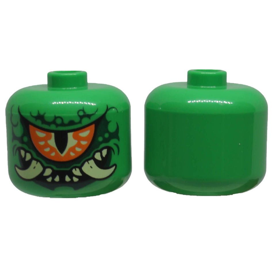 Front and back view of LEGO® monster minifigure head 79435pb11 with giant orange eye, yellowish green fangs and dark green wrinkle print