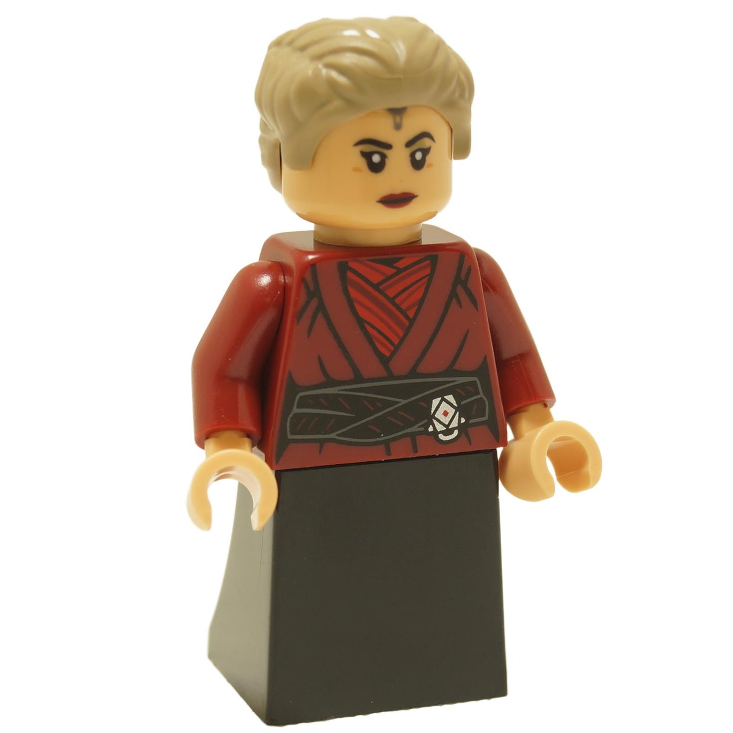 LEGO Morgan Elsbeth minifigure with dark red outfit, black skirt and neutral expression sw1290
