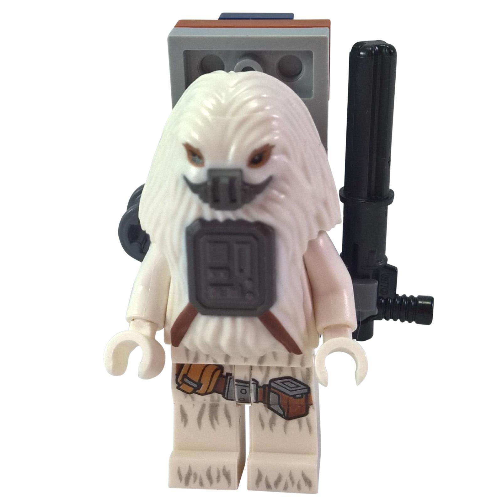 Moroff minifigure front view with white fur body, breathing mask, backpack unit, and large black blaster
