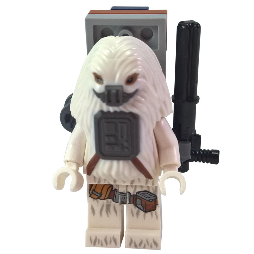 Moroff minifigure front view with white fur body, breathing mask, backpack unit, and large black blaster
