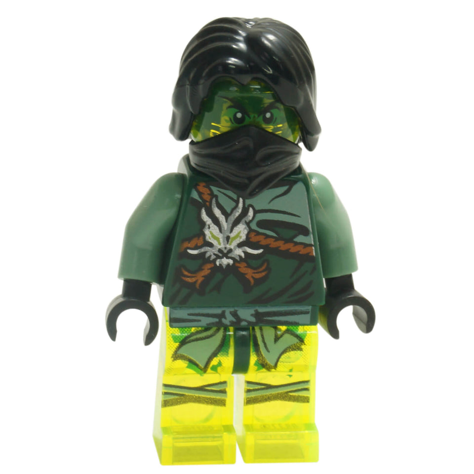 LEGO Morro ghost minifigure njo0158 with dark green torso and transparent neon green ghost legs
